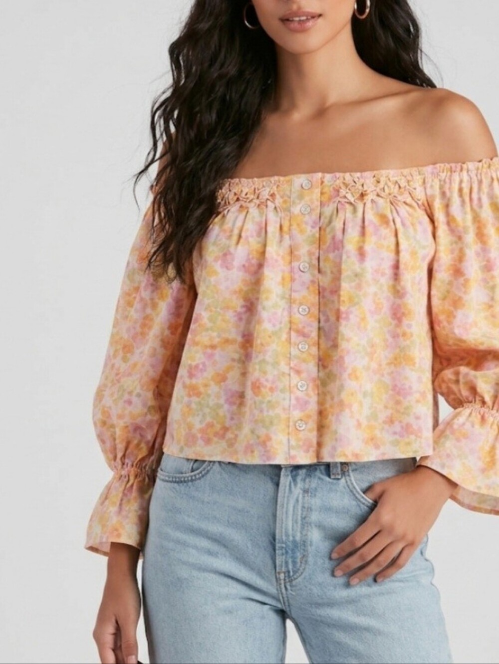 Free People Off-shoulder Floral Cropped Blouse Size XS Oversized